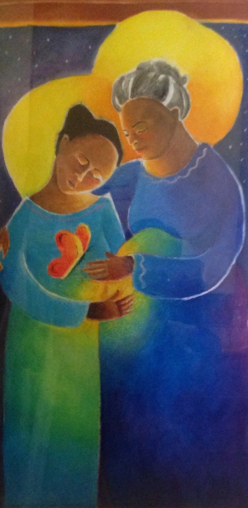 A VISITATION  Brother Michael McGrath, OSFS, who created for us the "Windsock Visitation" that hangs in the Fremont living room, also created a Visitation that hangs in the stairwell at Girard. The women in the painting could be of any ethnic background. He had heart that teh initial experience of pregnancy is like a butterfly, here depicted under Mary's heart. 