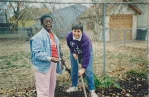 Our friend Willa Mae giving advice and gardening support to Sr. Mary Frances